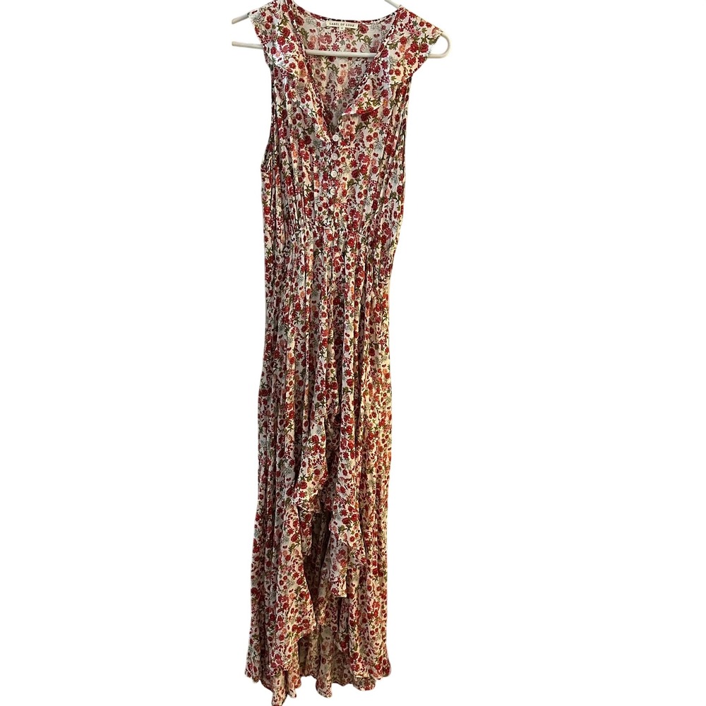 LABEL OF LOVE Floral‎ Maxi Dress Ruffle Tiered V Neck Button Front Cream Red M